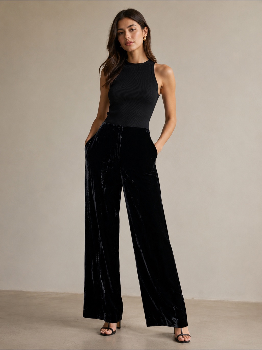 Vintage 90’s Anne Klein Black Crush Velvet Trousers Size 10 Wide Leg Evening